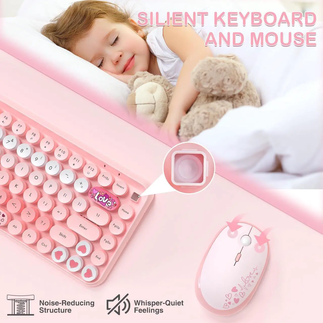 Alt view image 4 of 5 - LexonElec 308i Pink Wireless Keyboard and Mouse Set, Retro Typewriter with Cute Gradient Round Keycaps, soft touch keyboard, for Mac/Windows/PC/Lapto
