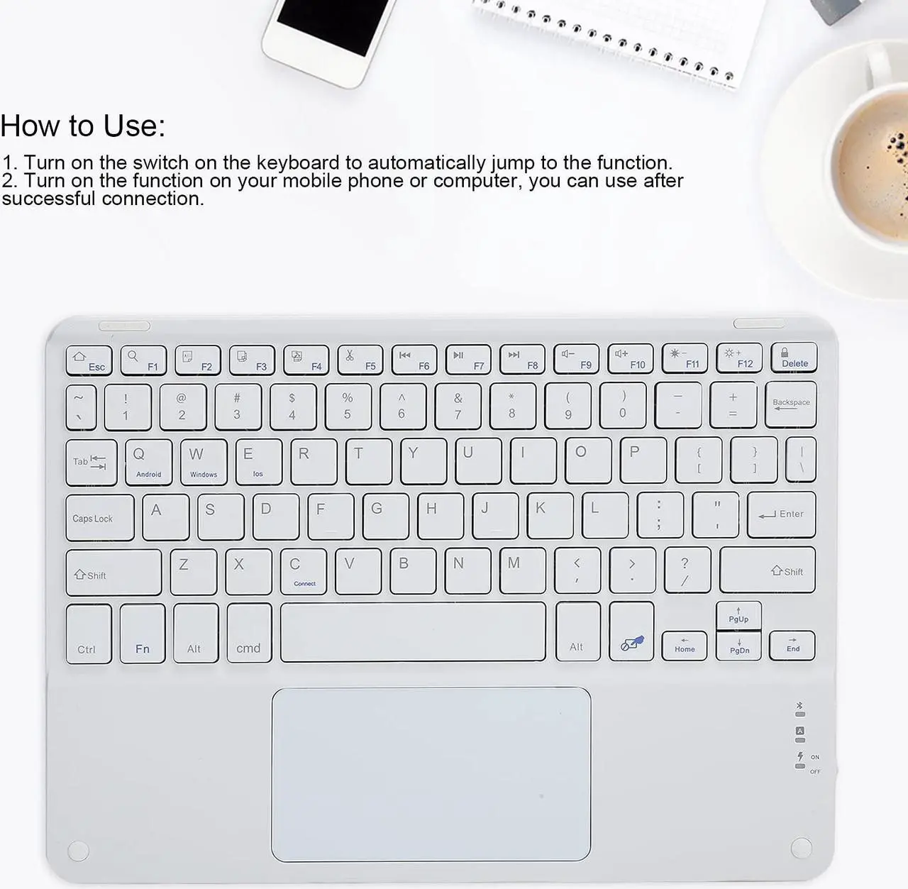 Alt view image 2 of 5 - 10in Keyboard with Touchpad Smartphones, for Tablets, Laptops, and Desktop Computers (White)