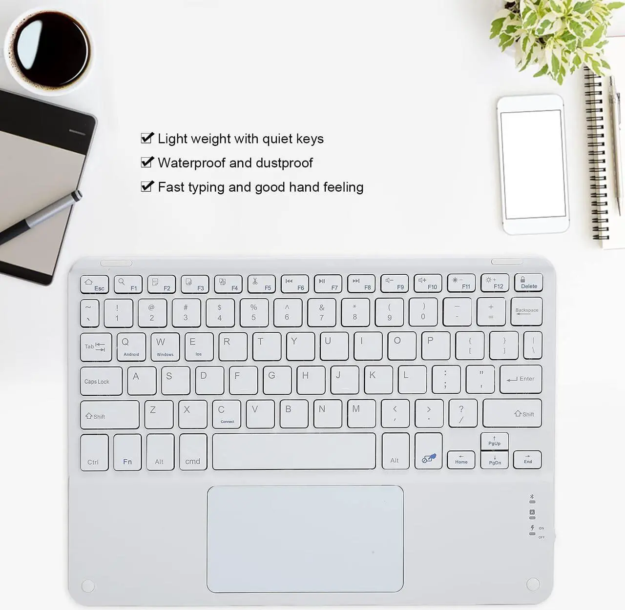 Alt view image 4 of 5 - 10in Keyboard with Touchpad Smartphones, for Tablets, Laptops, and Desktop Computers (White)