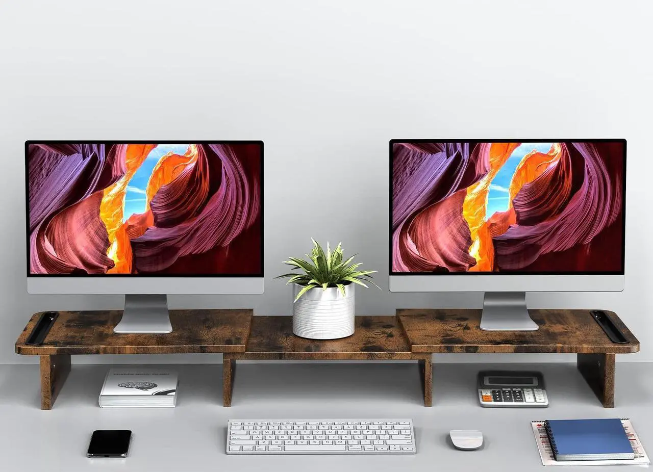 Alt view image 3 of 5 - Zimilar Dual Monitor Stand Riser, Monitor Stand with Adjustable Length and Angle, Wood Monitor stand for desk, Monitor Riser for 2 monitors with Storage Space(Rust Brown Large)