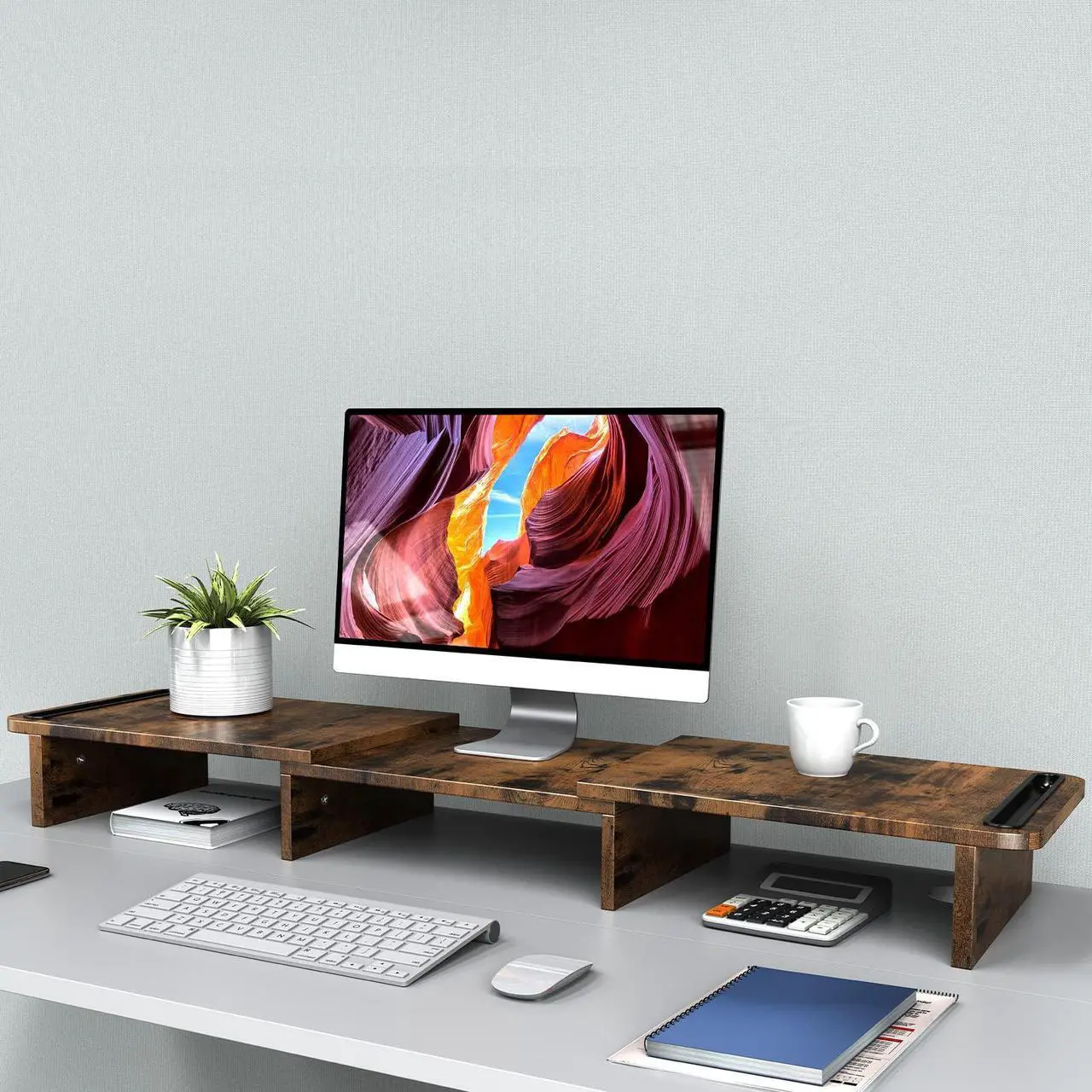 Alt view image 4 of 5 - Zimilar Dual Monitor Stand Riser, Monitor Stand with Adjustable Length and Angle, Wood Monitor stand for desk, Monitor Riser for 2 monitors with Storage Space(Rust Brown Large)