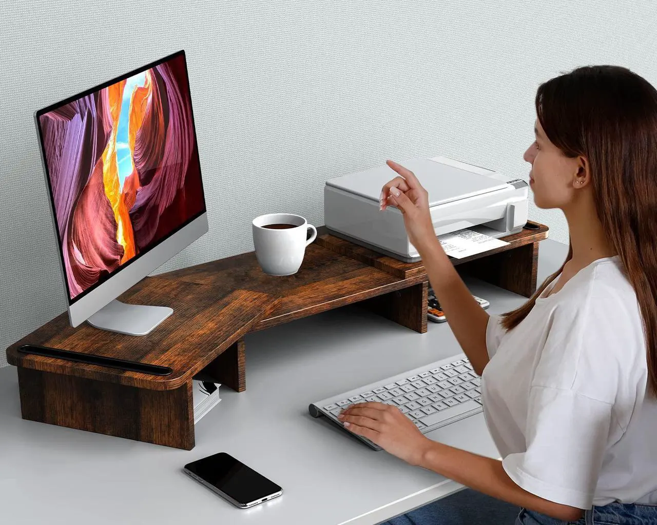 Alt view image 5 of 5 - Zimilar Dual Monitor Stand Riser, Monitor Stand with Adjustable Length and Angle, Wood Monitor stand for desk, Monitor Riser for 2 monitors with Storage Space(Rust Brown Large)