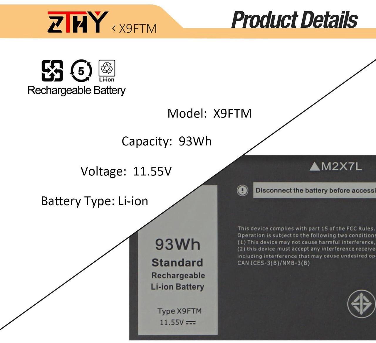 Alt view image 3 of 5 - X9FTM RCVVT Laptop Battery Replacement for Dell Precision 7770 7670 7780 7680 Series P114F P114F001 P114F002 P115F P115F001 P115F002 05JMD8 5JMD8 0965V4 965V4 0NWDC0 0X26RT X26RT 11.55V 93Wh 6-Cell