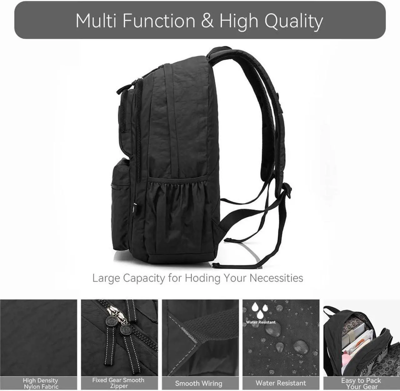 Alt view image 3 of 5 - SKvoen Large Nylon Laptop Travel Backpacks Casual Lightweight Water Resistant Backpack for Men Women Hiking Camping Cycling Packback Daypack, Fits 15.6 Inch Laptop and Notebook - Black