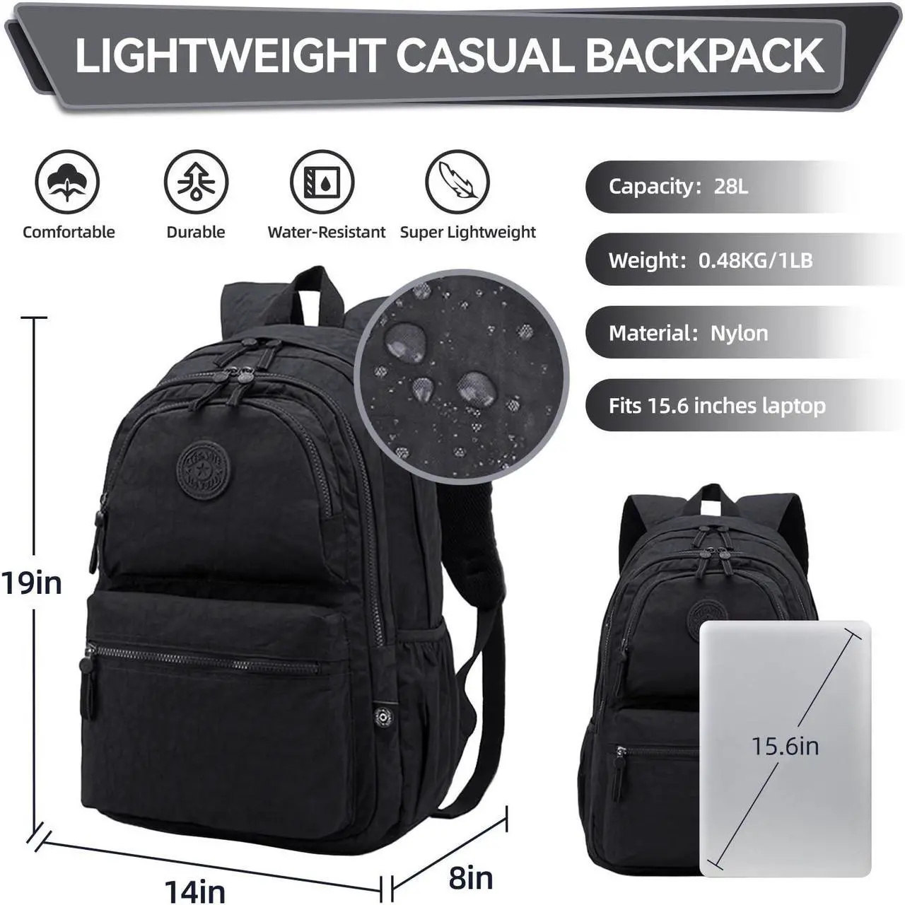 Alt view image 2 of 5 - SKvoen Large Nylon Laptop Travel Backpacks Casual Lightweight Water Resistant Backpack for Men Women Hiking Camping Cycling Packback Daypack, Fits 15.6 Inch Laptop and Notebook - Black