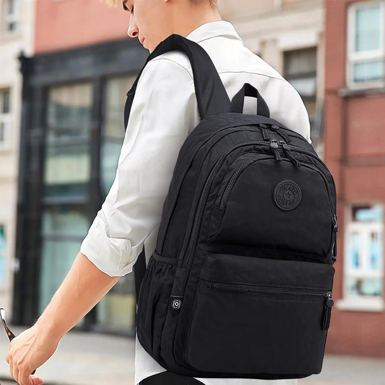 Alt view image 5 of 5 - SKvoen Large Nylon Laptop Travel Backpacks Casual Lightweight Water Resistant Backpack for Men Women Hiking Camping Cycling Packback Daypack, Fits 15.6 Inch Laptop and Notebook - Black