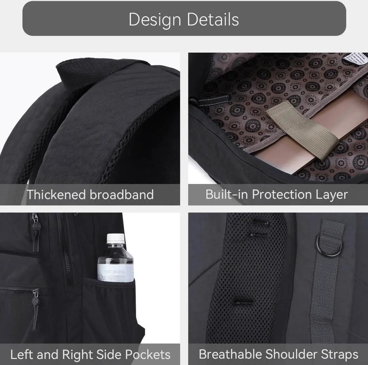 Alt view image 4 of 5 - SKvoen Large Nylon Laptop Travel Backpacks Casual Lightweight Water Resistant Backpack for Men Women Hiking Camping Cycling Packback Daypack, Fits 15.6 Inch Laptop and Notebook - Black