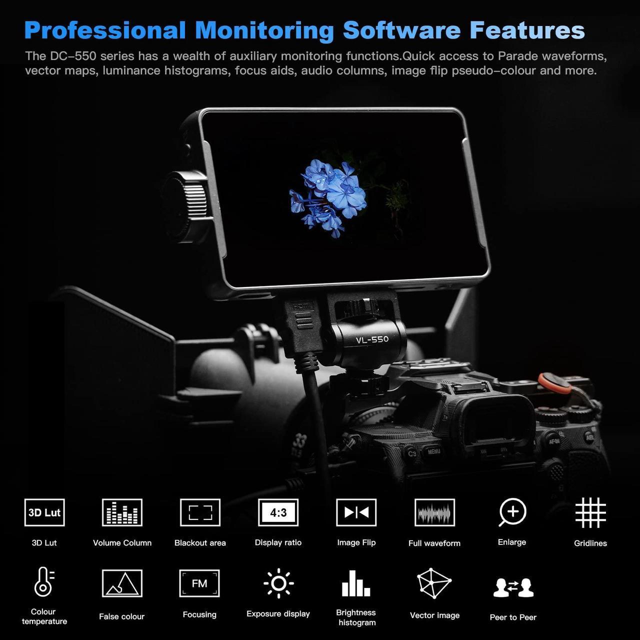 Alt view image 2 of 5 - VILTROX DC 550 5.5" Camera Field Monitor for DSLR Touchscreen Camera Monitor 4K with Sunshade Hood Video Monitors for Sony Canon Nikon 3D LUT HDR 4K HDMI in and Out Exposure Focus Assist Waveform