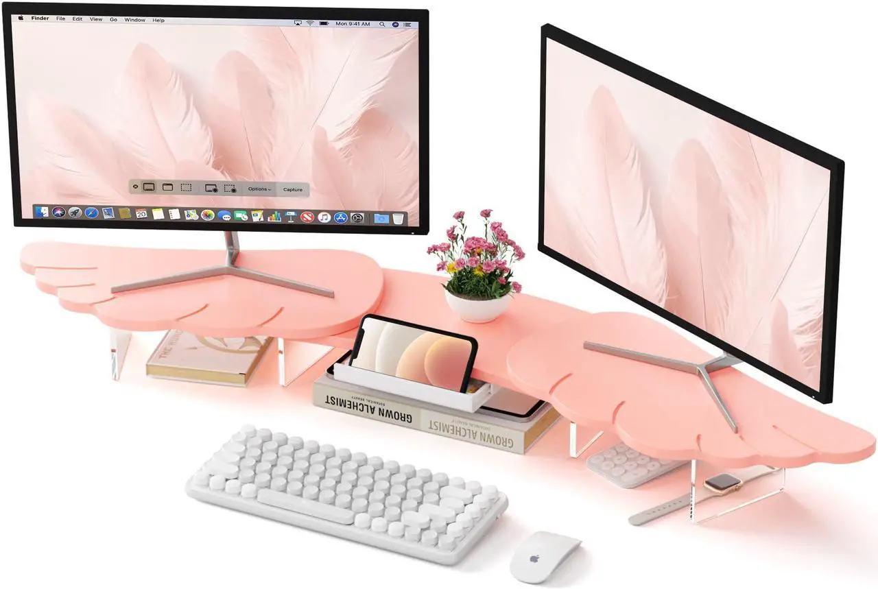 Main image of AFOOYO Dual Monitor Stand Riser,Wing-Shaped Sturdy Desktop Computer Wood Stand for 2 Monitors Cute Monitor Riser for Laptop, PC, Computer,Pink