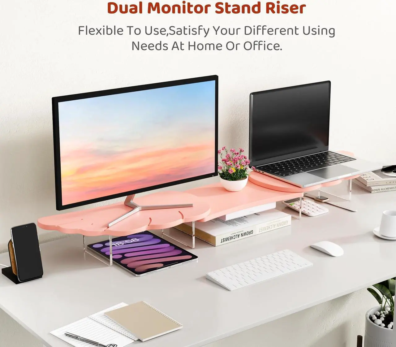 Alt view image 2 of 5 - AFOOYO Dual Monitor Stand Riser,Wing-Shaped Sturdy Desktop Computer Wood Stand for 2 Monitors Cute Monitor Riser for Laptop, PC, Computer,Pink