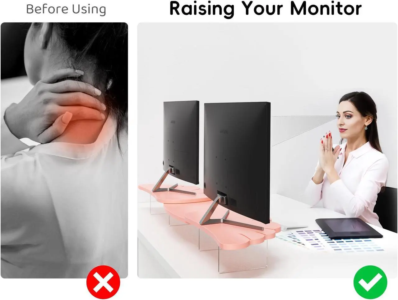 Alt view image 4 of 5 - AFOOYO Dual Monitor Stand Riser,Wing-Shaped Sturdy Desktop Computer Wood Stand for 2 Monitors Cute Monitor Riser for Laptop, PC, Computer,Pink