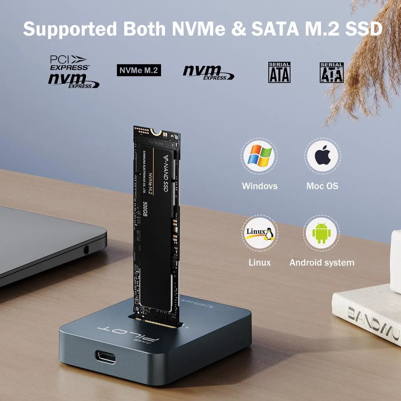 Alt view image 2 of 5 - AMZPILOT M.2 NVMe & SATA to USB C Docking Station, M.2 SSD to USB A C Reader Adapter for Both M Key & B+M Key NVMe PCIE and SATA NGFF SSD Dock, Size for 22110 2280 2260 2242 2230 RGB Light Enclosure