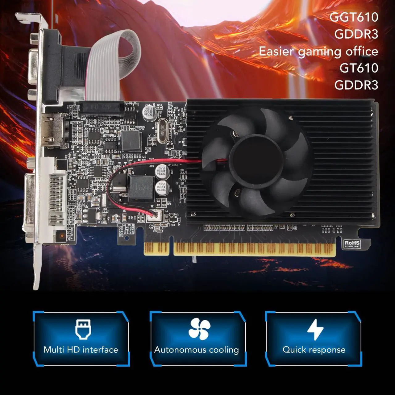 Alt view image 4 of 5 - GT610 1GB Discrete Graphics Card, PC Desktop 64 Bit Graphics Card with HDMI VGA DVI Port, PCI Express X16 2.0 Fast Cooling 64 Bit Graphics Card for Desktop PC