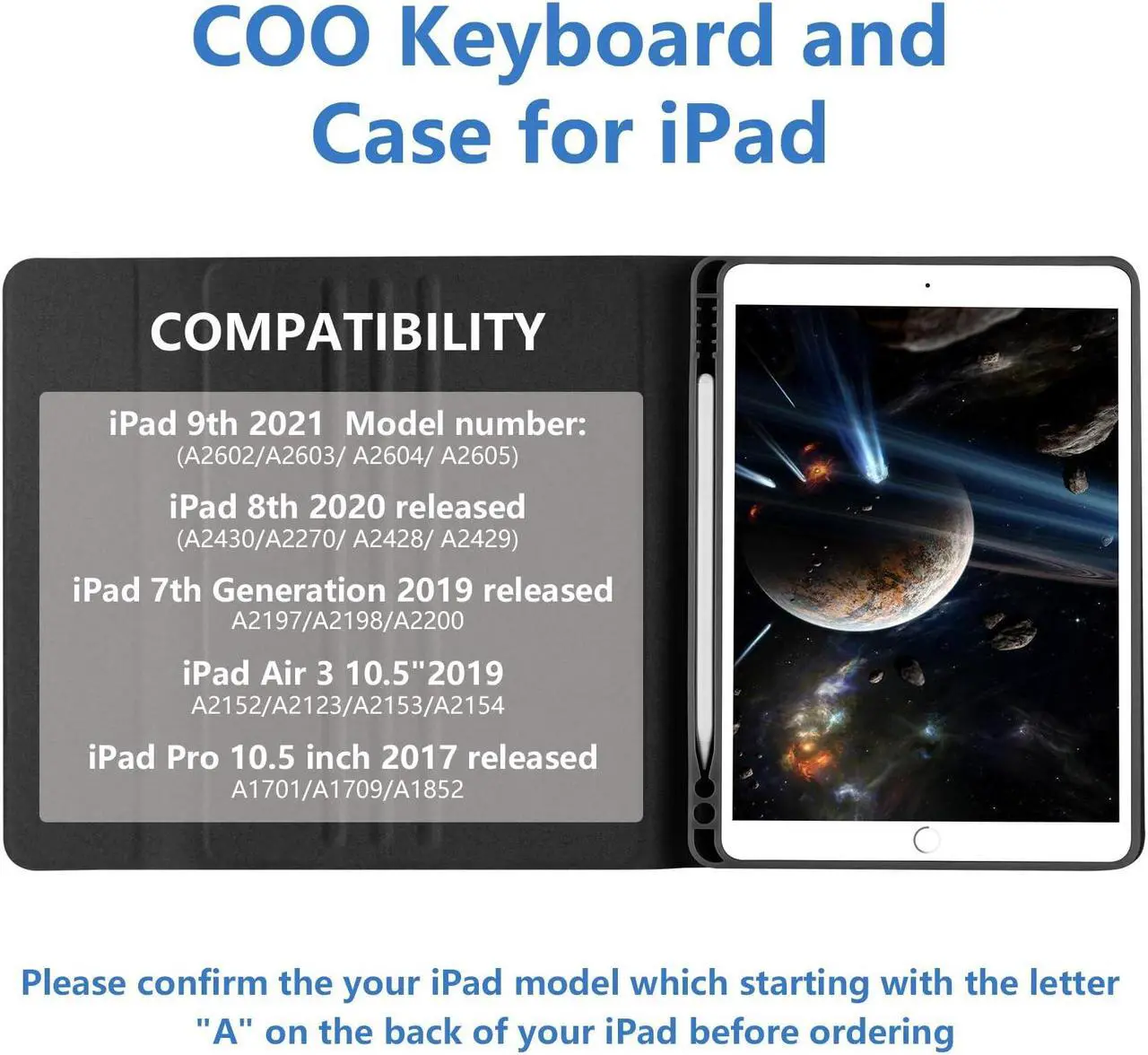 Alt view image 2 of 5 - for iPad 9th Gen 2021 Case with Keyboard, 10.2 inch, for iPad 8th/7th Gen/Air 3/Pro 10.5, Detachable Wireless Bluetooth Keyboard with Pencil Holder