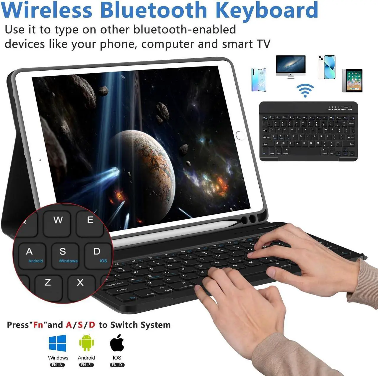 Alt view image 3 of 5 - for iPad 9th Gen 2021 Case with Keyboard, 10.2 inch, for iPad 8th/7th Gen/Air 3/Pro 10.5, Detachable Wireless Bluetooth Keyboard with Pencil Holder