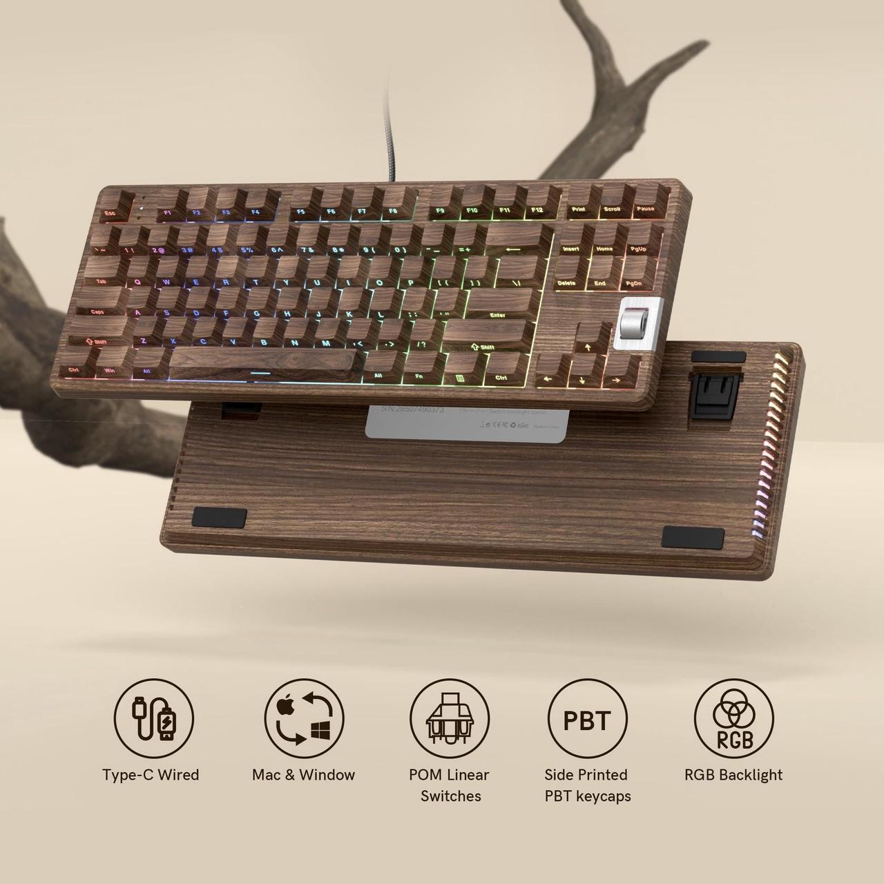 Alt view image 4 of 5 - Womier Retro Wired TKL Mechanical Keyboard with Volume Wheel,75% Percent RGB Backlit Gaming Keyboard,Hot Swappable with PBT keycaps,Pre-lubed Stabilizer for Mac/Win,Wood Pattern Theme