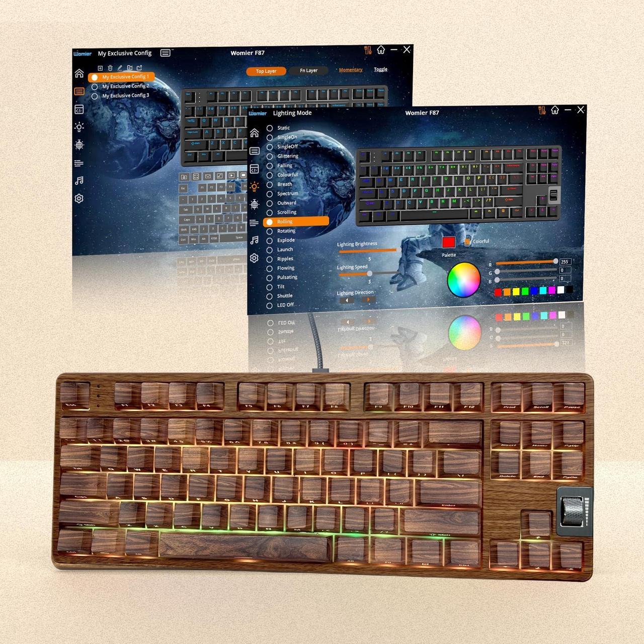 Alt view image 5 of 5 - Womier Retro Wired TKL Mechanical Keyboard with Volume Wheel,75% Percent RGB Backlit Gaming Keyboard,Hot Swappable with PBT keycaps,Pre-lubed Stabilizer for Mac/Win,Wood Pattern Theme