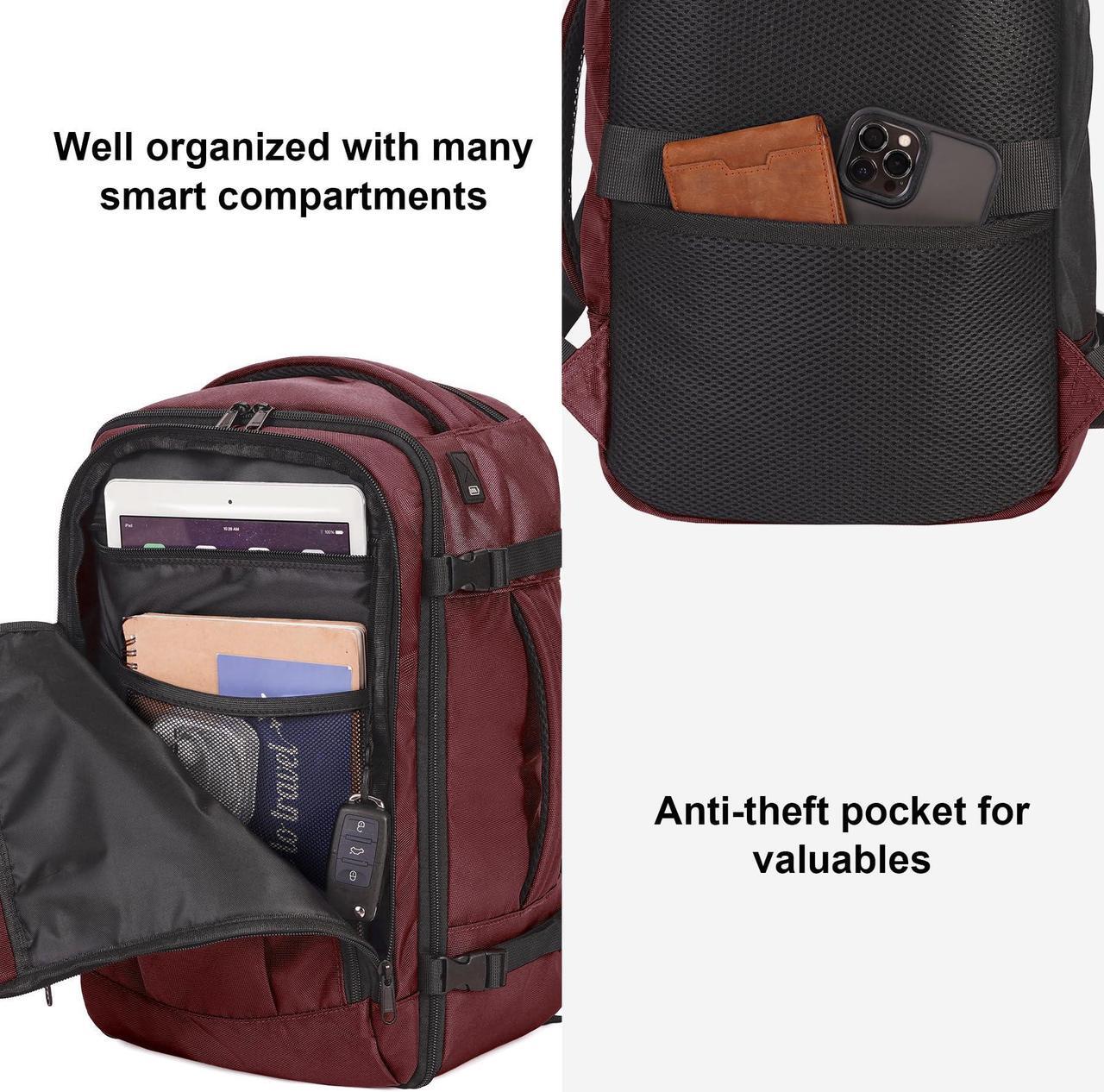 Alt view image 5 of 5 - ECOHUB Travel Backpack 18x14x8 Spirit Airlines Personal Item Bag Carry On Backpack 13 Pockets Large Work Casual Daypack for men Airline Approved Waterproof Gym Backpack with Charging Port, Red