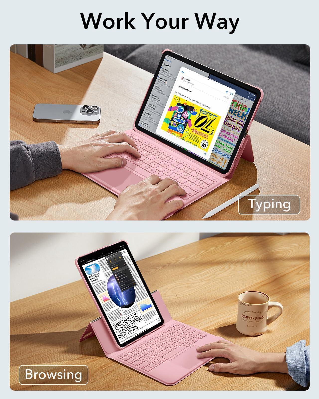 Alt view image 2 of 5 - ESR Ascend for iPad 10th, Keyboard Case with Trackpad, Magnetic Detachable Keyboard with Backlit Keys, Fully Adjustable Portrait/Landscape Stand, Pink