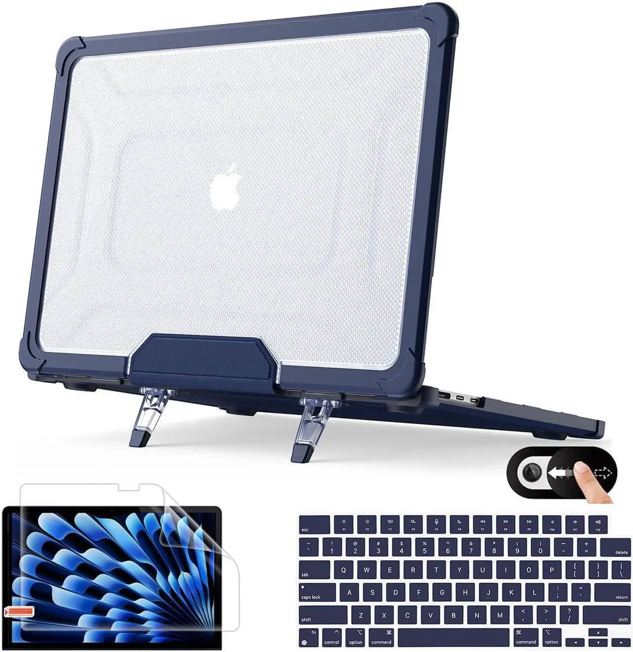 Main image of Mektron Shockproof Case for MacBook Air 15 inch 2025/2024/2023 with M4/M3/M2 Chip Model A3241/A2941/ A3114, 15.3 Heavy Duty Protective Hard Shell Cover with Fold Kickstand with Keyboard Skin, B-Navy