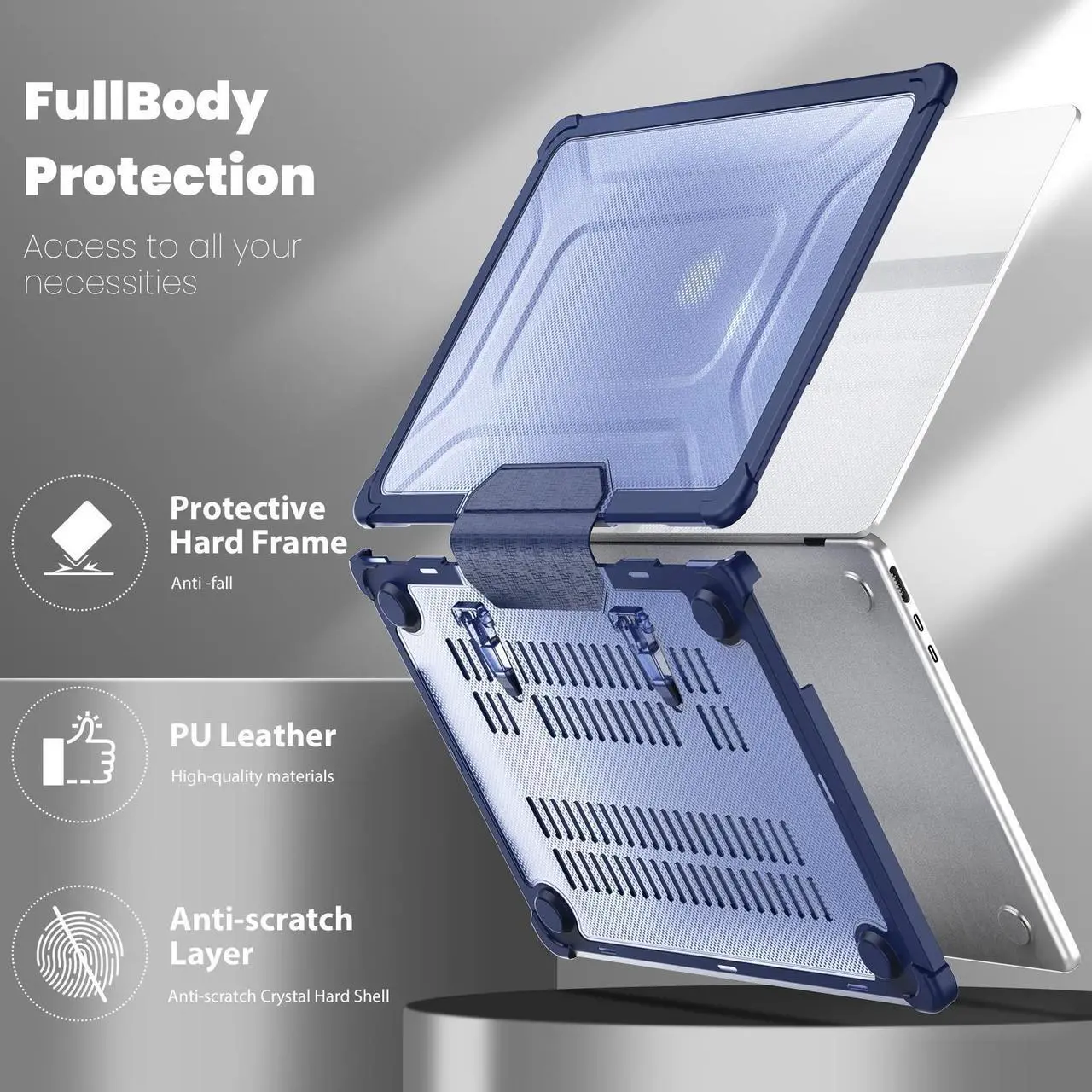 Alt view image 5 of 5 - Mektron Shockproof Case for MacBook Air 15 inch 2025/2024/2023 with M4/M3/M2 Chip Model A3241/A2941/ A3114, 15.3 Heavy Duty Protective Hard Shell Cover with Fold Kickstand with Keyboard Skin, B-Navy