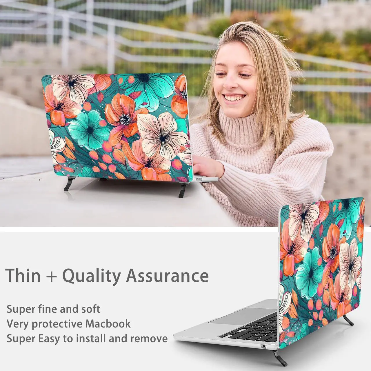 Alt view image 5 of 5 - Mektron Ultra Thin Armor Case Compatible with MacBook Air 13.6 inch Printed Cover 2025-2022 M4 M3 M2 A3240 A3113 A2681, Protective Hard Shell with Fold Kickstand, Flowers C126