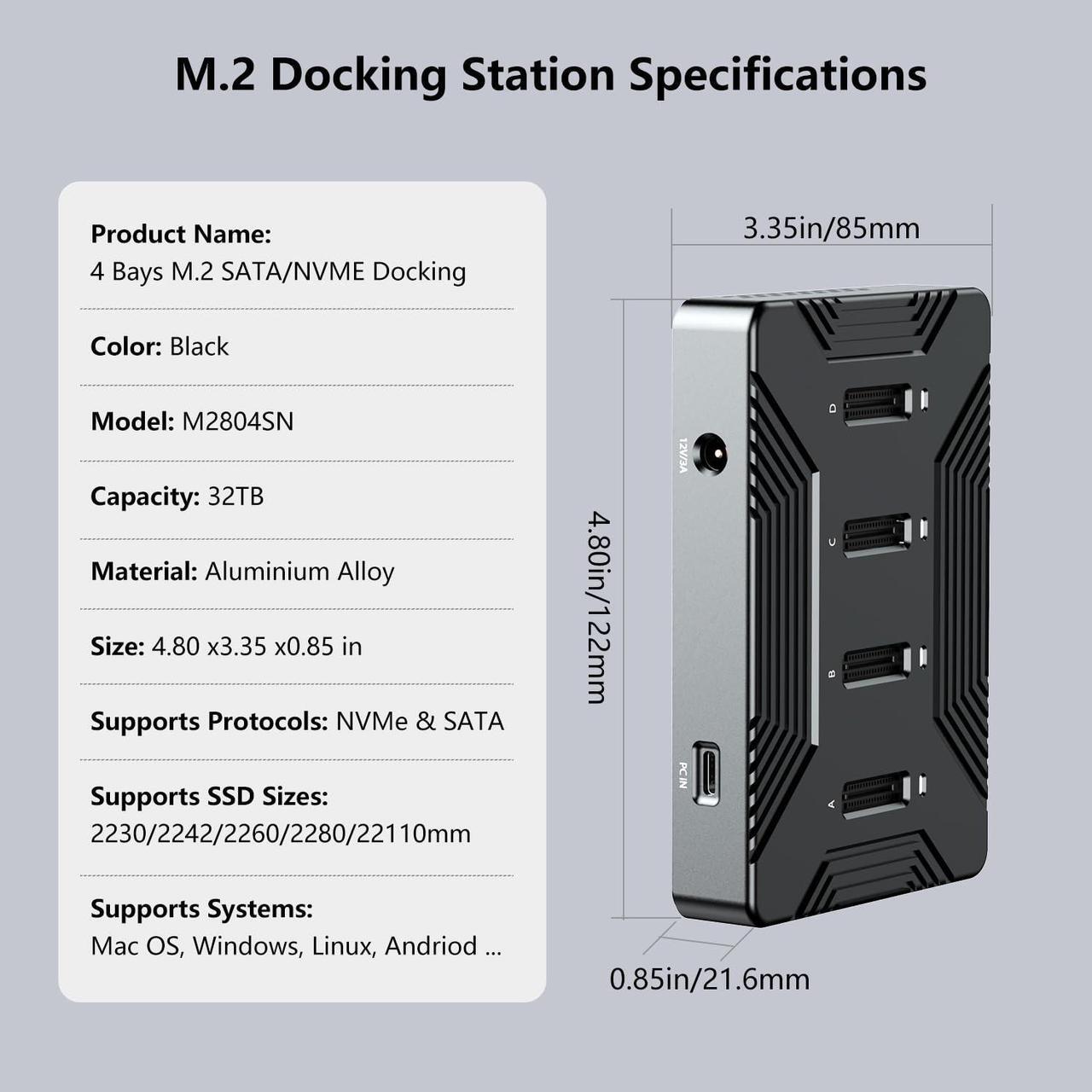 Alt view image 2 of 5 - MiliPow 4-Bay M.2 NVME SATA SSD Enclosure Tool-Free, USB 3.2 Gen 2 10Gbps External Hard Drive Docking Station for M.2 NVMe PCIe (M Key, B+M Key) and SATA NGFF (B+M Key), Up to 32TB