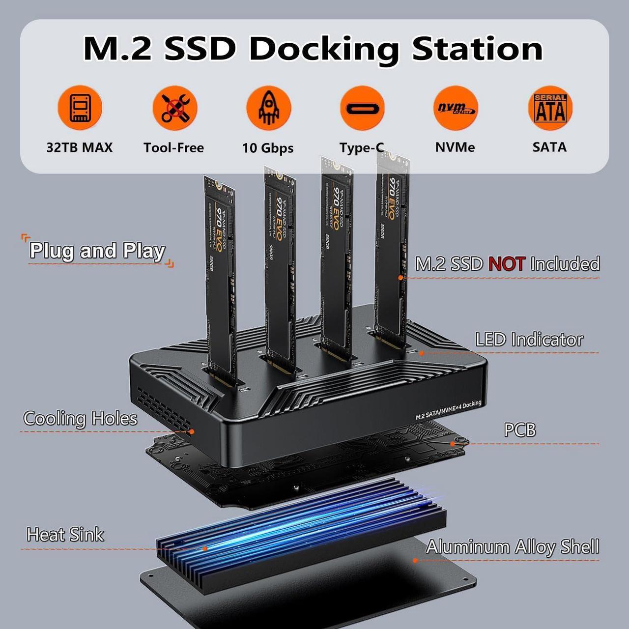 Alt view image 4 of 5 - MiliPow 4-Bay M.2 NVME SATA SSD Enclosure Tool-Free, USB 3.2 Gen 2 10Gbps External Hard Drive Docking Station for M.2 NVMe PCIe (M Key, B+M Key) and SATA NGFF (B+M Key), Up to 32TB