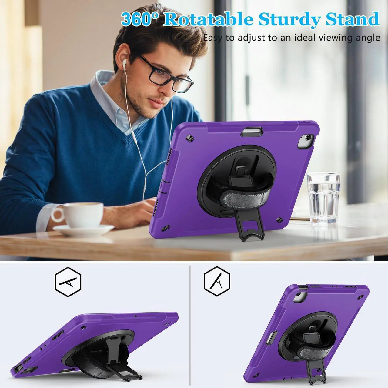 Alt view image 3 of 5 - Case for iPad Air 13 Inch 2024: Military Grade Cover for iPad Pro 12.9 6th/5th/4th/3rd Generation (2022/2021/ 2020/2018) W/Screen Protector- Stand- Pencil Holder- Handle- Shoulder Strap- Purple