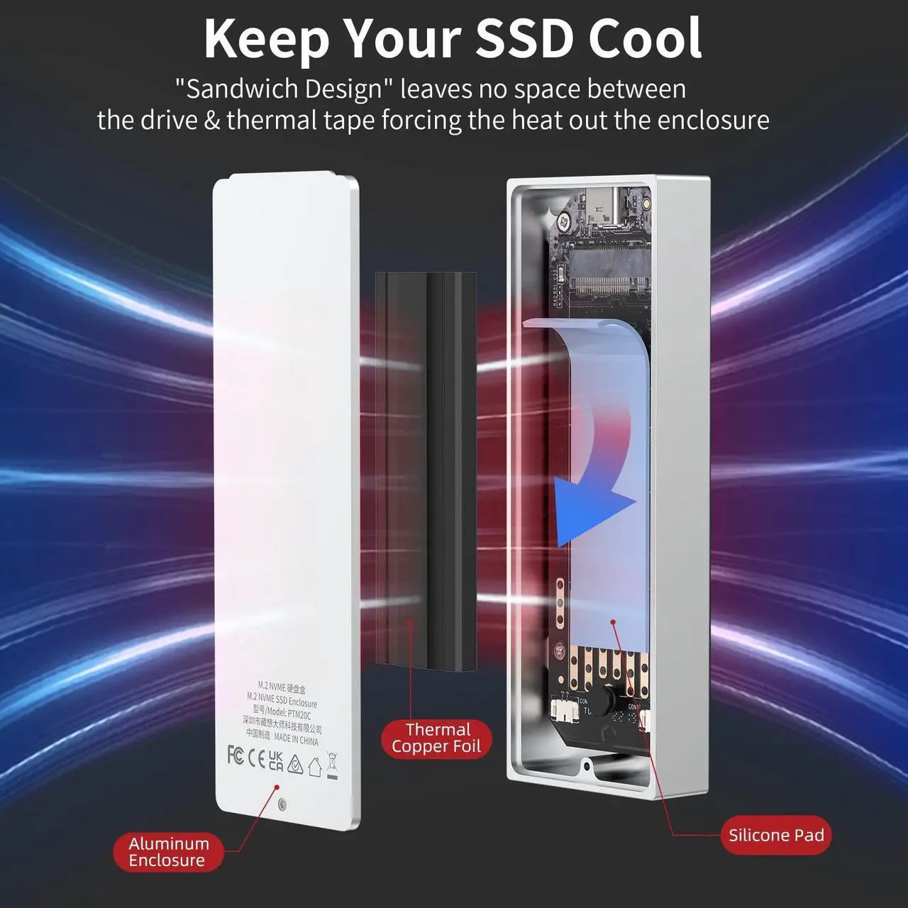 Alt view image 3 of 5 - SAN ZANG MASTER M.2 NVMe SSD Enclosure Adapter, Aluminum 20Gbps USB C 3.2 Gen2x2 to NVME PCIe M-Key(B+M Key) Solid State Drive External Enclosure Support UASP Trim for 2230/2242/2260/2280