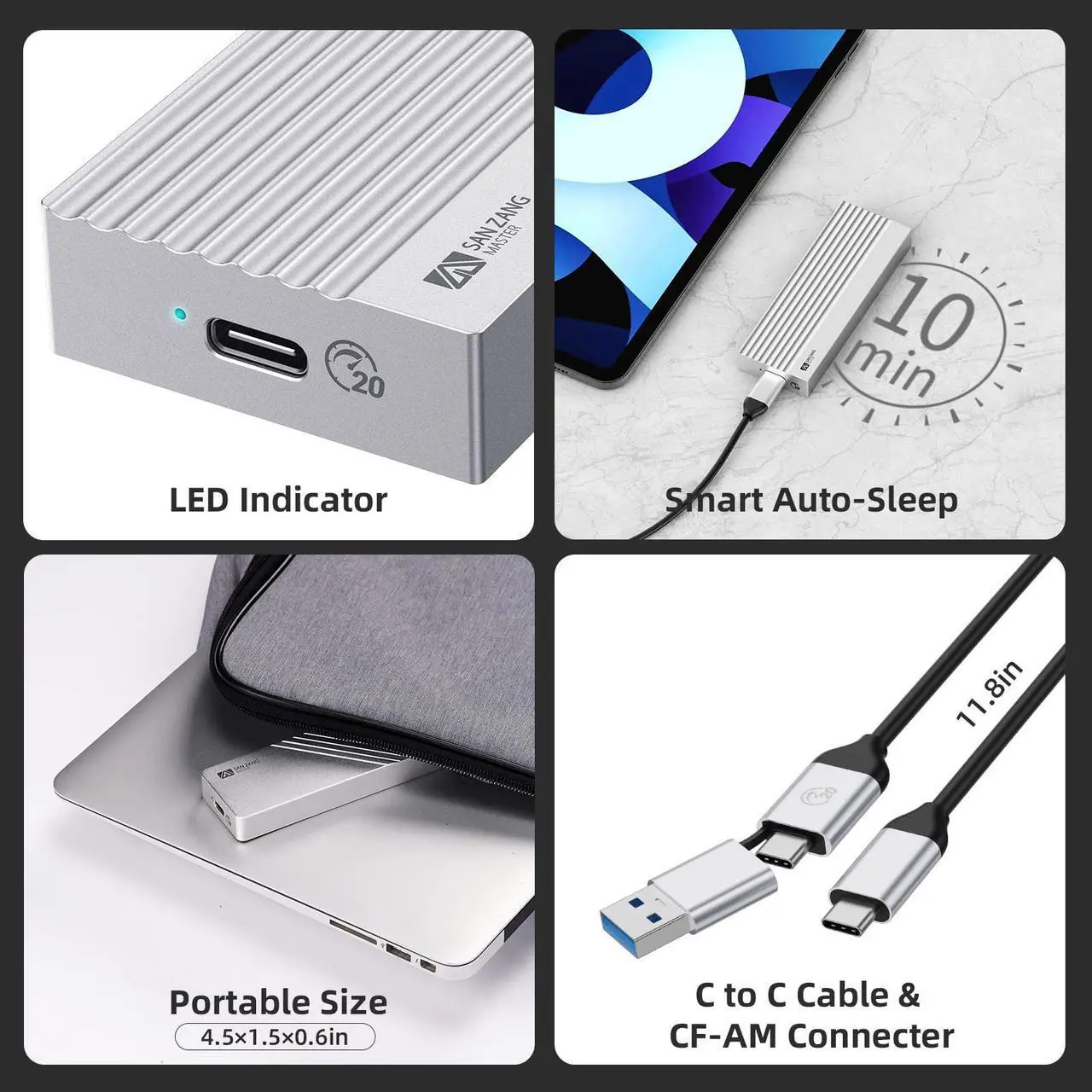 Alt view image 5 of 5 - SAN ZANG MASTER M.2 NVMe SSD Enclosure Adapter, Aluminum 20Gbps USB C 3.2 Gen2x2 to NVME PCIe M-Key(B+M Key) Solid State Drive External Enclosure Support UASP Trim for 2230/2242/2260/2280