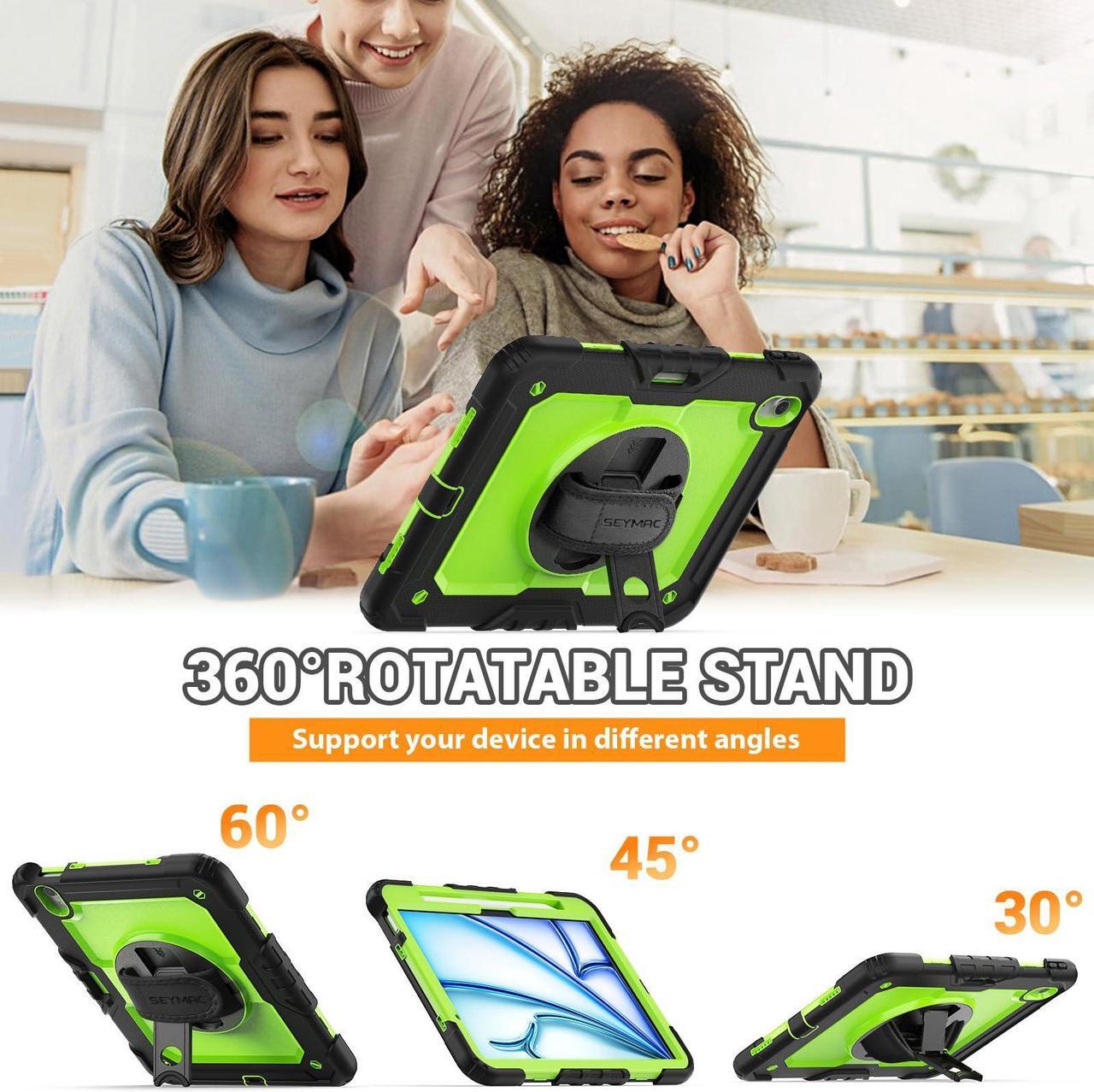 Alt view image 4 of 5 - SEYMAC for iPad Air 11 Inch Case 2024 M2 (Air 6th Generation Case), Heavy Duty Shockproof Protective Case with Screen Protector, Stand and Hand/Shoulder Strap for iPad Air 6th Generation, Green