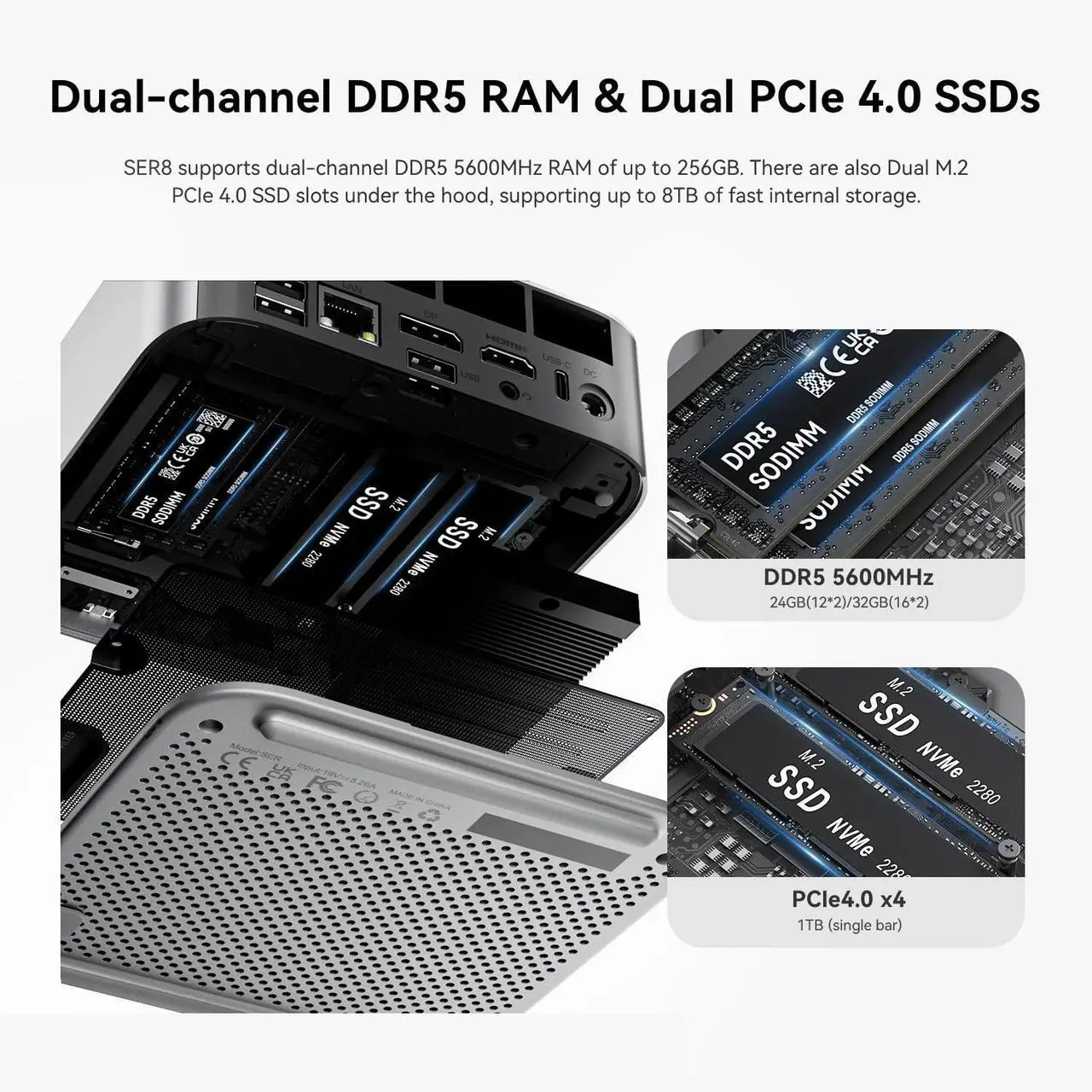 Alt view image 5 of 5 - Beelink SER8 Mini PC, AMD Ryzen 7 8745HS(up to 4.9GHz) 8C/16T, Mini Computer 24GB DDR5 RAM 1TB NVMe PCIe 4.0 SSD, Mini Desktop Computer 4K Triple Screen Display WiFi6/BT5.2/WOL/W-11 Pro