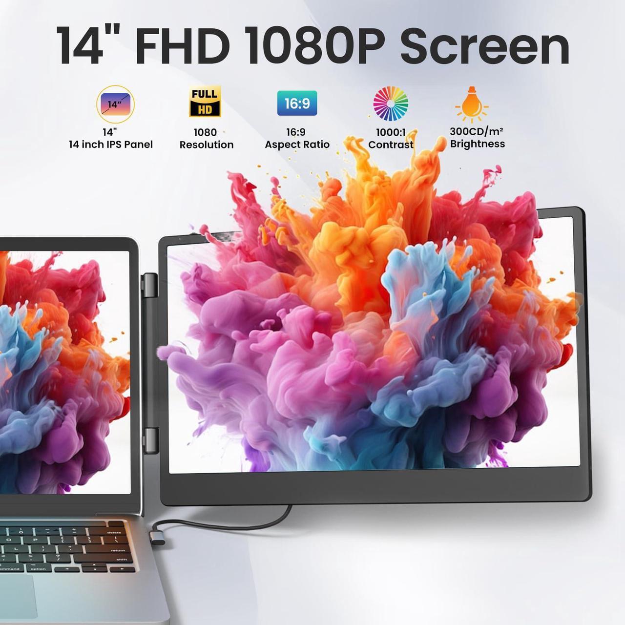 Alt view image 2 of 5 - Laptop Screen Extender, 14" FHD 1080P Triple Portable Laptop Screen Extender Monitor for 13"-16.5" Laptop with Stand Dual Monitors Built-in Speakers, Laptop Monitor Extender for MacOS/Wins/Chrome/Dex