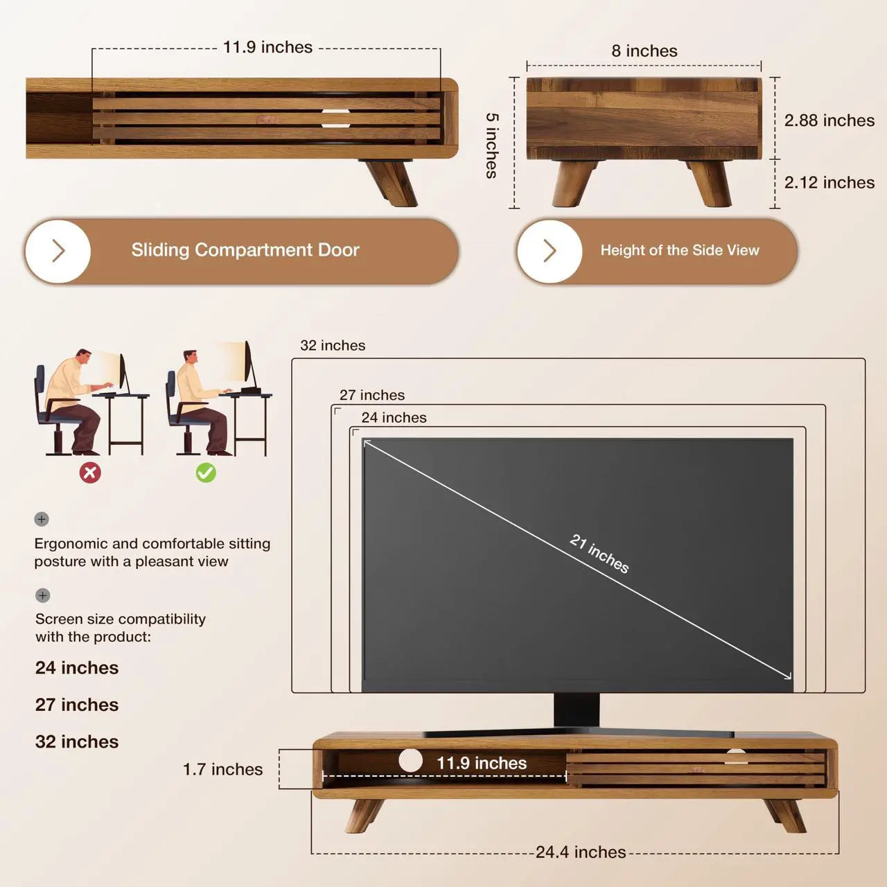 Alt view image 3 of 5 - Tinamo Acacia Monitor Stand Riser with Sliding Door - Wooden Monitor Riser for Desk - Computer Monitor Stand for Desk - Multi-Purpose Desktop Storage Stand for Computer; Laptop; TV(24.4 " x 8" x 5")