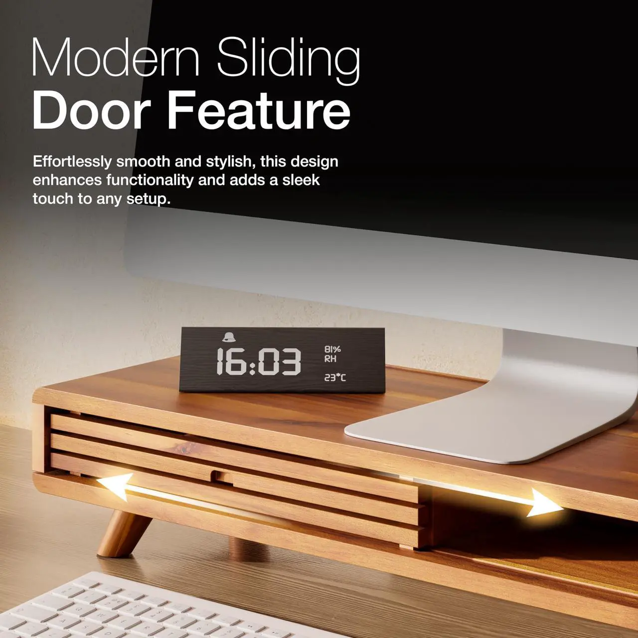 Alt view image 4 of 5 - Tinamo Acacia Monitor Stand Riser with Sliding Door - Wooden Monitor Riser for Desk - Computer Monitor Stand for Desk - Multi-Purpose Desktop Storage Stand for Computer; Laptop; TV(24.4 " x 8" x 5")