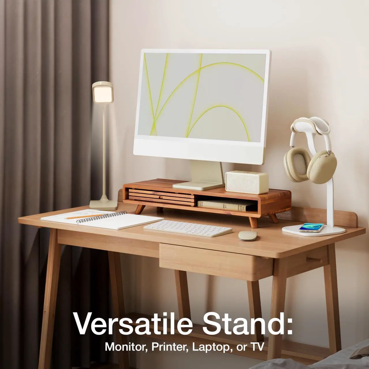 Alt view image 5 of 5 - Tinamo Acacia Monitor Stand Riser with Sliding Door - Wooden Monitor Riser for Desk - Computer Monitor Stand for Desk - Multi-Purpose Desktop Storage Stand for Computer; Laptop; TV(24.4 " x 8" x 5")