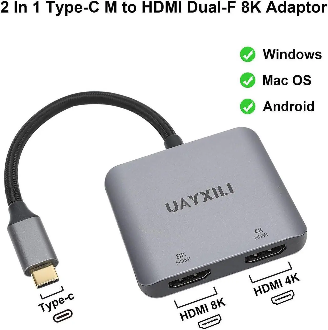 Alt view image 2 of 5 - USB C to Dual HDMI Adapter 8K30Hz, MST HDMI Splitter for Dual Monitors,Extended Display Support Dual 4K@60HZ,Compatible with MacBook,Dell,HP,Lenovo,Thunderbolt 3/4 Laptops (USB-C to Dual HDMI 8K)