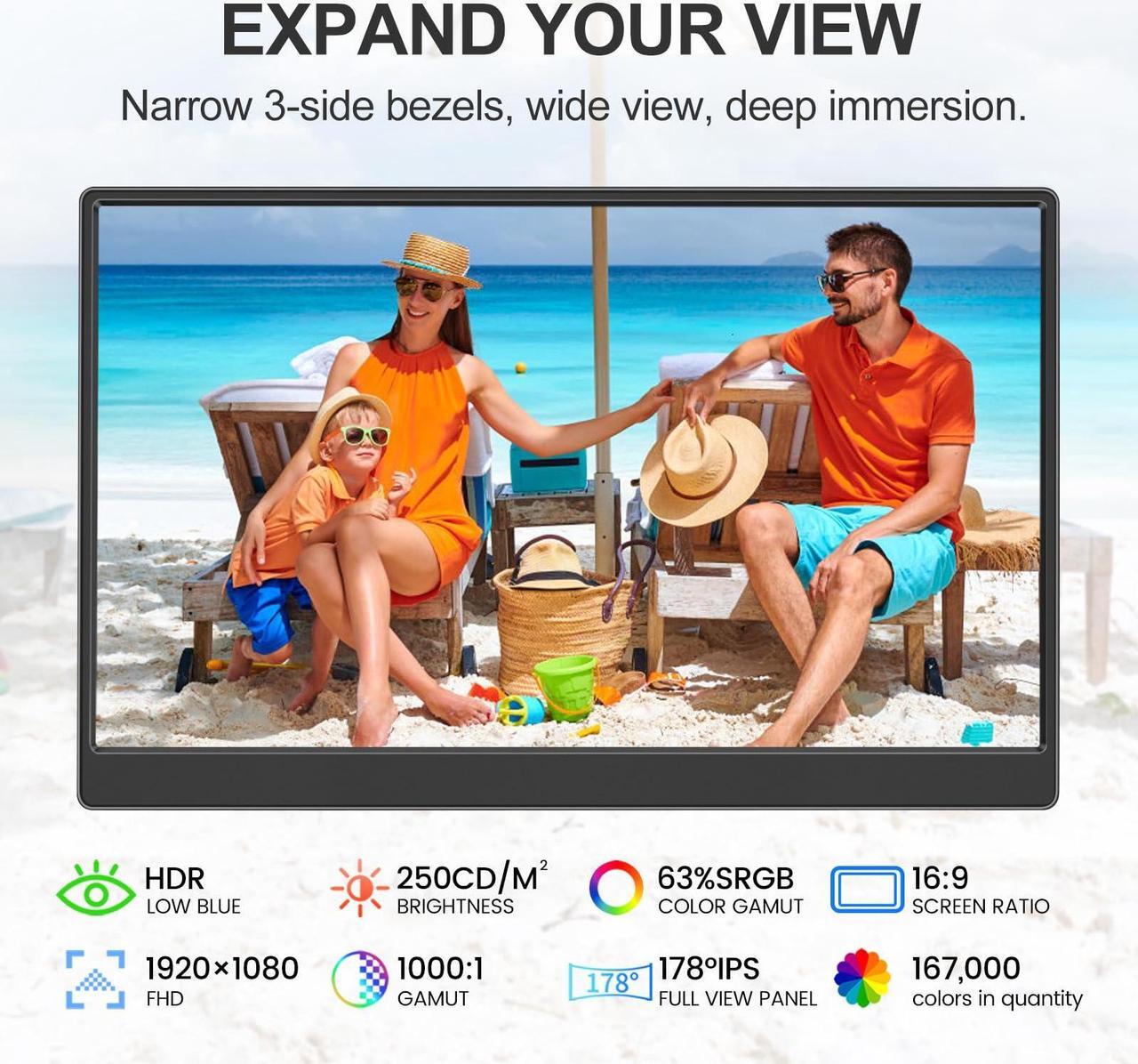 Alt view image 2 of 5 - UFYQL Portable Monitor 15.6-inch FHD 1080P Travel External Monitor,HDR IPS Gaming Monitor with Kickstand &Speakers,VESA Mountable,USB-C HDMI Plug&Play,for Laptop PC Phone PS4/5 Xbox Switch