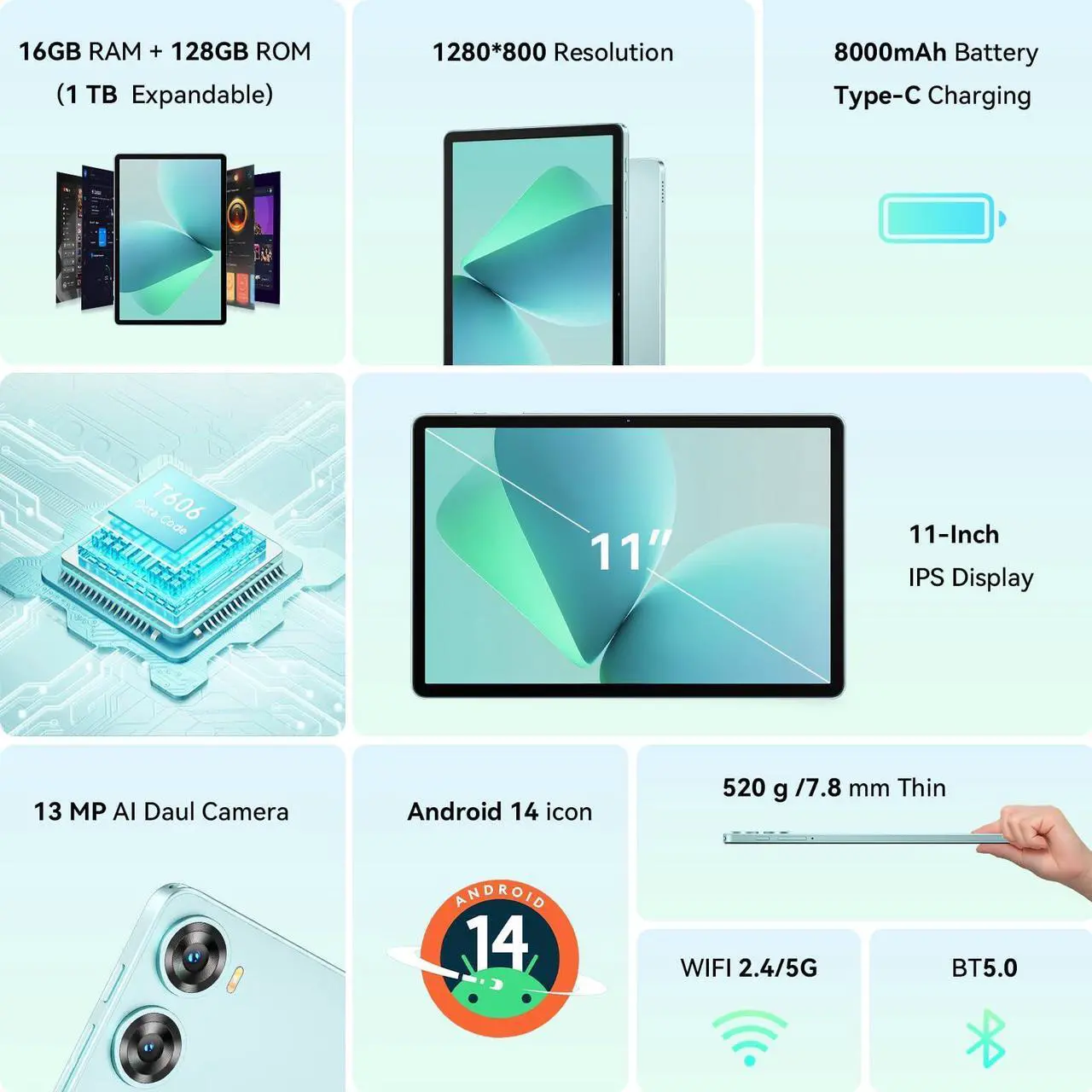Alt view image 2 of 5 - OUKITEL OT9 Android 14 Tablets, 16GB+128GB(1TB TF) Octa-Core 11 Inch IPS Screen Large Tablet for Adults, 13+5MP Camera Widevine L1 8000mAh Battery WiFi Tablet with Stylus, OTG/GPS/TUV/3.5mm Jack 2025