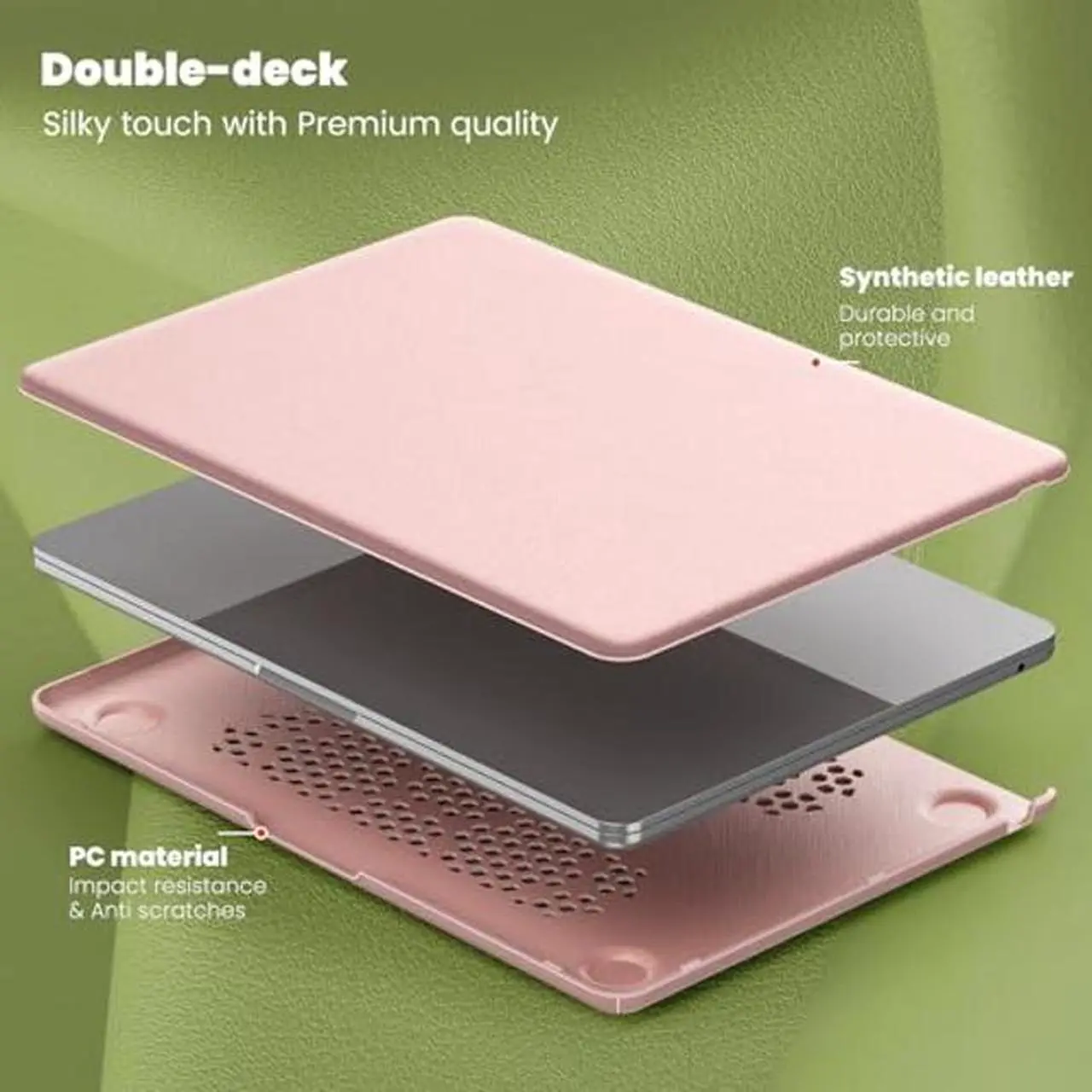 Alt view image 4 of 5 - Batianda Premium PU Leather Case for M3 MacBook Air 13 inch 2024 2022 M2 Chip Model A3113/A2681 Elegant Protective Cover with Foldable Stand, Full Protection with Ventilation and Anti-Slip Pads, Pink