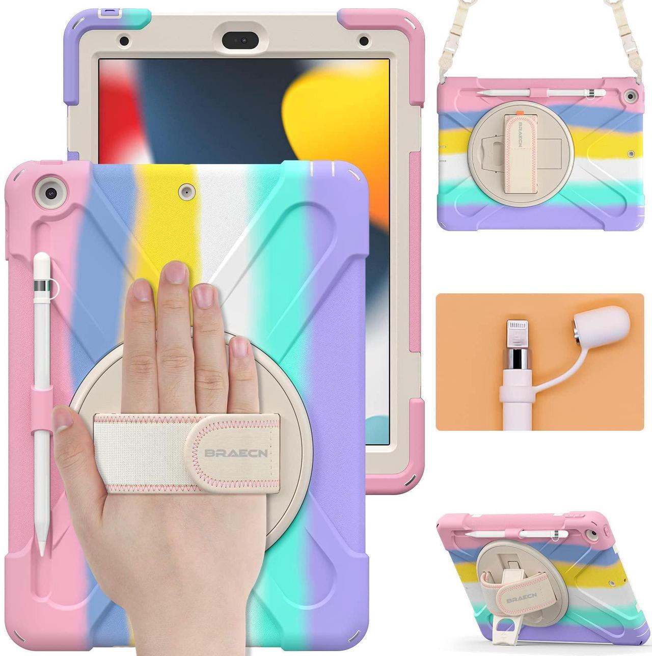 Main image of BRAECN iPad Case 9th 8th Generation 10.2 Inch 2021 2020, Heavy Duty Kids Case with Pencil Holder Screen Protector Pencil Cap Holder Hand Strap Carrying Strap for iPad 7th Gen 10.2 2019 -Colorful Pink
