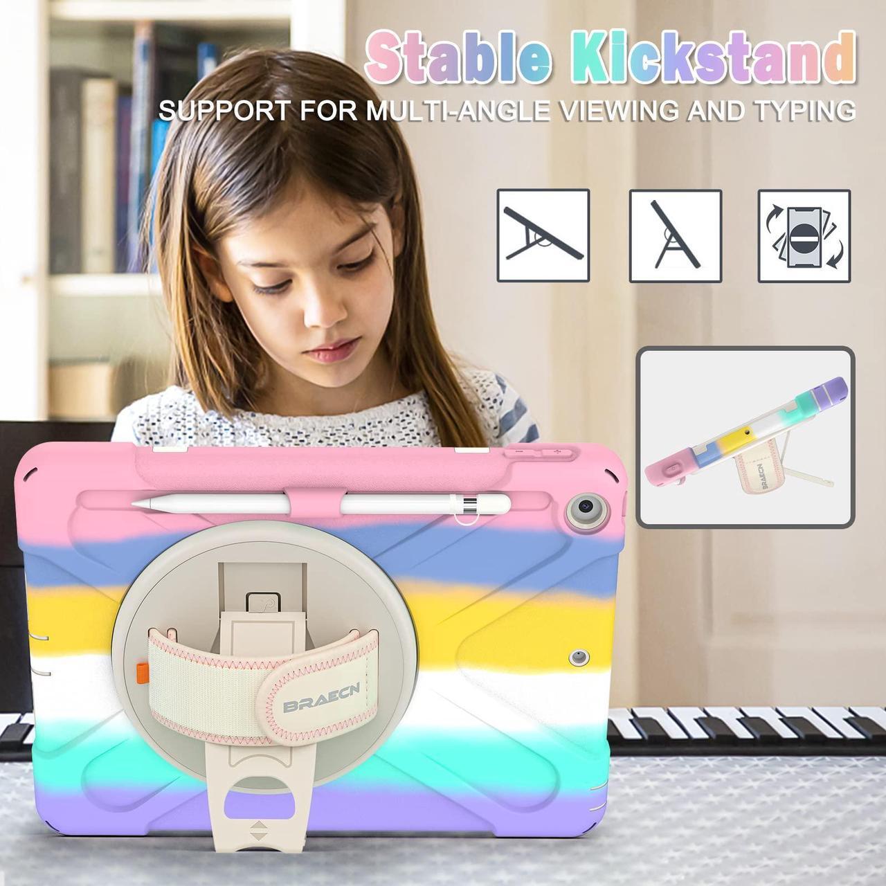 Alt view image 4 of 5 - BRAECN iPad Case 9th 8th Generation 10.2 Inch 2021 2020, Heavy Duty Kids Case with Pencil Holder Screen Protector Pencil Cap Holder Hand Strap Carrying Strap for iPad 7th Gen 10.2 2019 -Colorful Pink