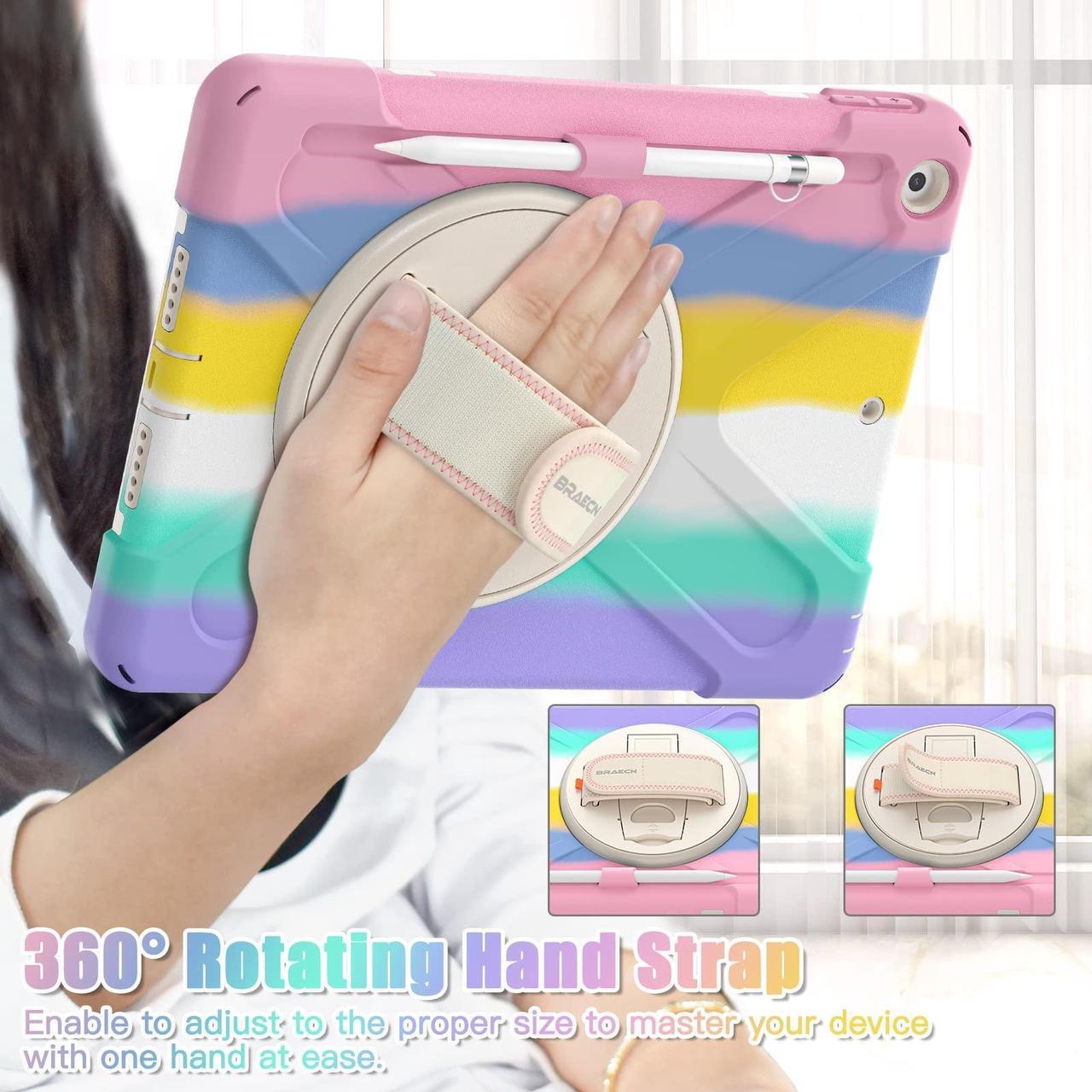 Alt view image 3 of 5 - BRAECN iPad Case 9th 8th Generation 10.2 Inch 2021 2020, Heavy Duty Kids Case with Pencil Holder Screen Protector Pencil Cap Holder Hand Strap Carrying Strap for iPad 7th Gen 10.2 2019 -Colorful Pink