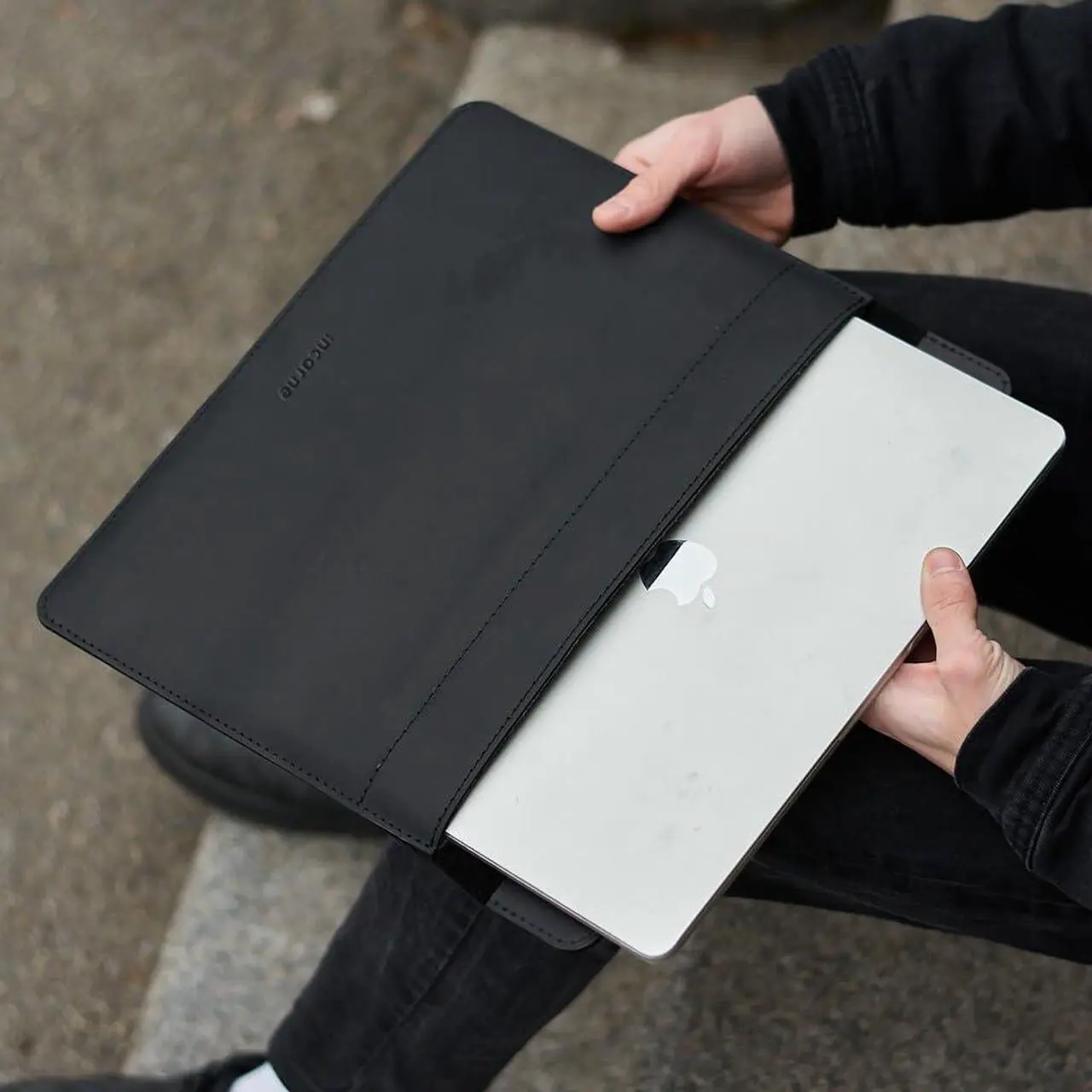 Alt view image 4 of 4 - Black Leather Laptop Sleeve Made for MacBook Pro 14 inch Case Sleeve - Carrying Sleeves Compatible with MacBook Pro 14" M1 M2 M3 M4 Max A2442 A2779 A2992 A2918 A3402 Genuine Vintage Leather, Black