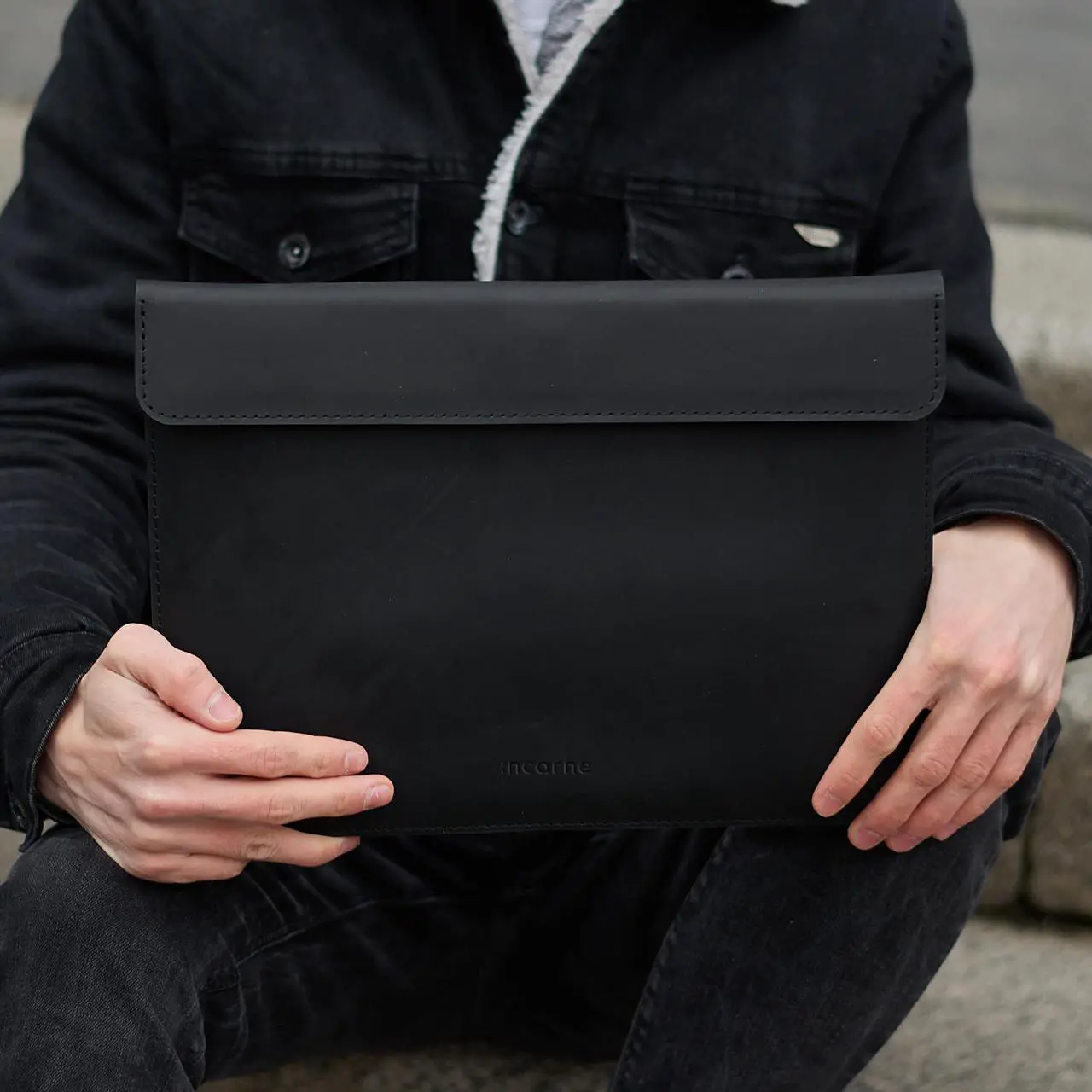 Alt view image 2 of 4 - Black Leather Laptop Sleeve Made for MacBook Pro 14 inch Case Sleeve - Carrying Sleeves Compatible with MacBook Pro 14" M1 M2 M3 M4 Max A2442 A2779 A2992 A2918 A3402 Genuine Vintage Leather, Black
