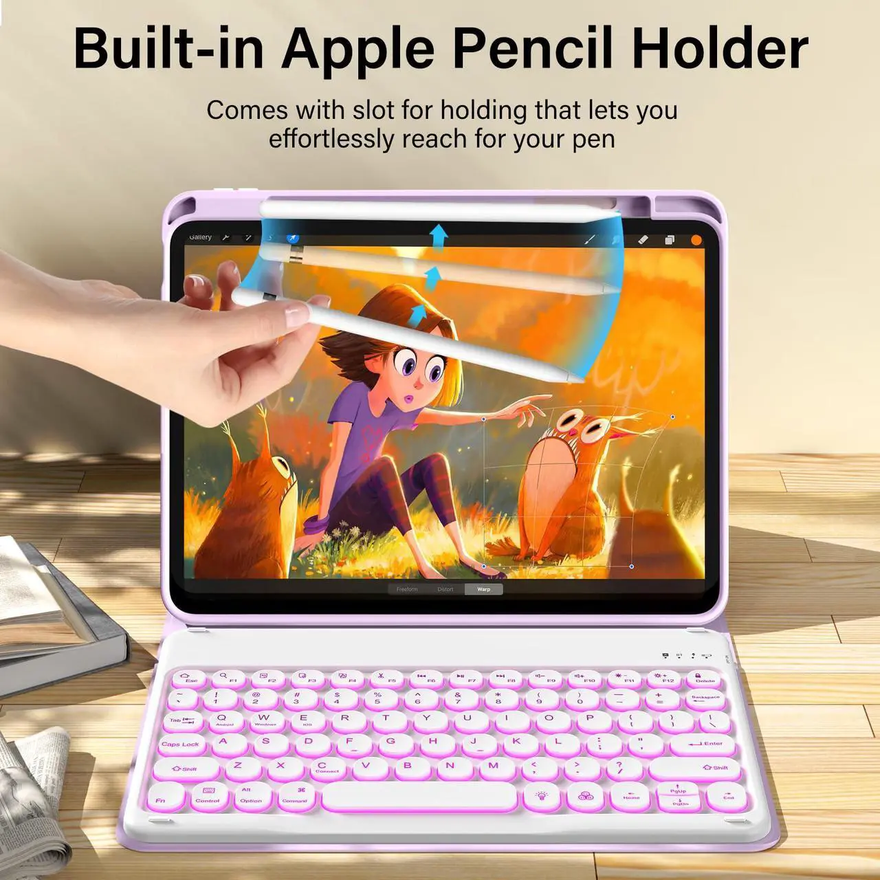 Alt view image 3 of 5 - kenke for iPad 10th Generation Case with Keyboard 10.9 inch 2022, Detachable Wireless Bluetooth iPad Keyboard Case with Built-in Right Side Pencil Holder, Backlit White Circular Keycaps (Purple)