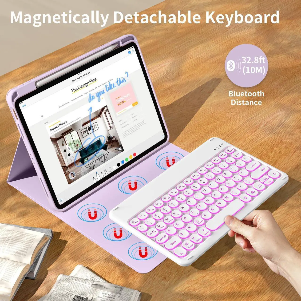 Alt view image 2 of 5 - kenke for iPad 10th Generation Case with Keyboard 10.9 inch 2022, Detachable Wireless Bluetooth iPad Keyboard Case with Built-in Right Side Pencil Holder, Backlit White Circular Keycaps (Purple)
