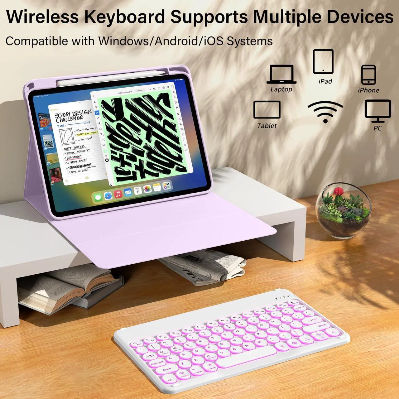 Alt view image 5 of 5 - kenke for iPad 10th Generation Case with Keyboard 10.9 inch 2022, Detachable Wireless Bluetooth iPad Keyboard Case with Built-in Right Side Pencil Holder, Backlit White Circular Keycaps (Purple)