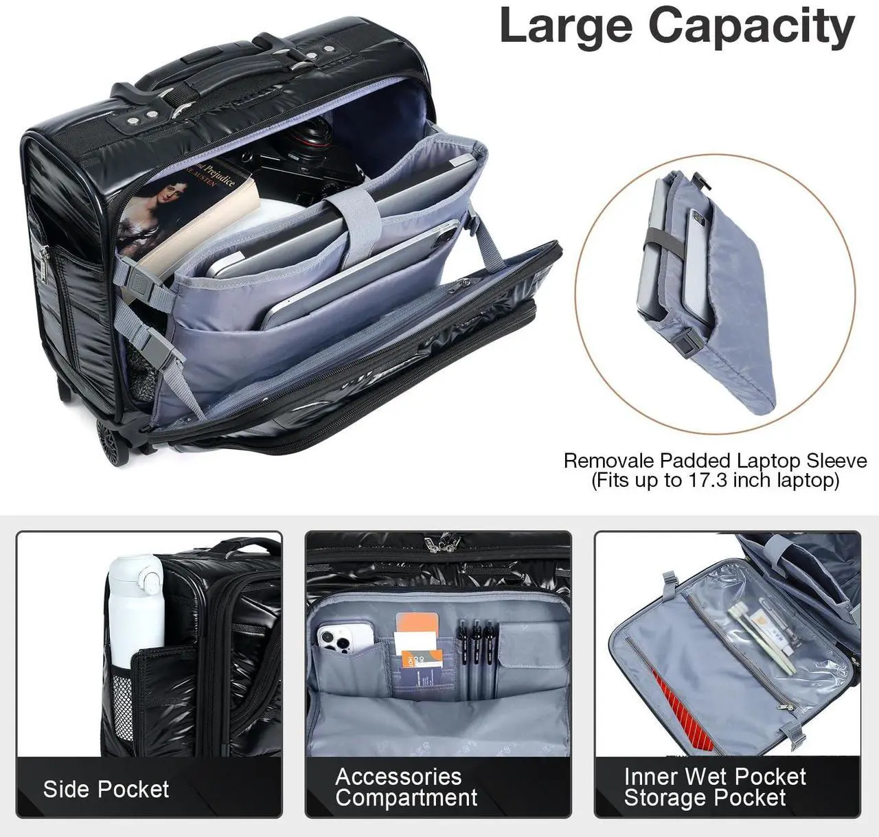 Alt view image 2 of 5 - Lekebobor Rolling Laptop Bag Rolling, Laptop Briefcase on Wheels with 3 Packing Cubes for Women Fits Up to 15.6Inch computer Bags Water Resistant for Work Travel and Business, Black